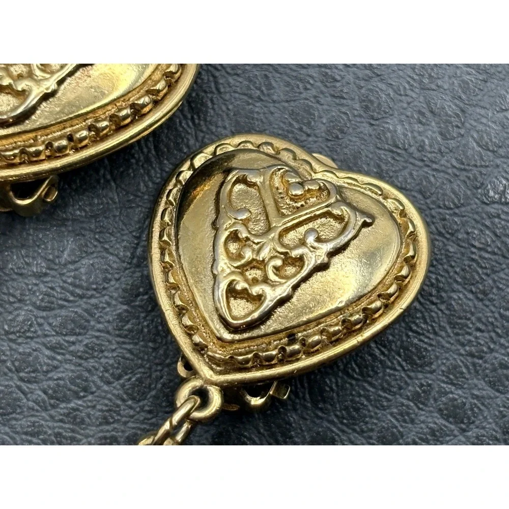 Vintage 80s Chunky Ornate Heart Drop Dangle Bead Clip On Earrings Gold Tone